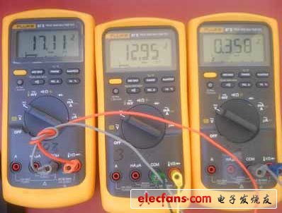 圖 5:萬(wàn)用表顯示 17.11V 太陽(yáng)能電池板輸出，12.95V 電池充電電壓；3.58A 電池充電電流